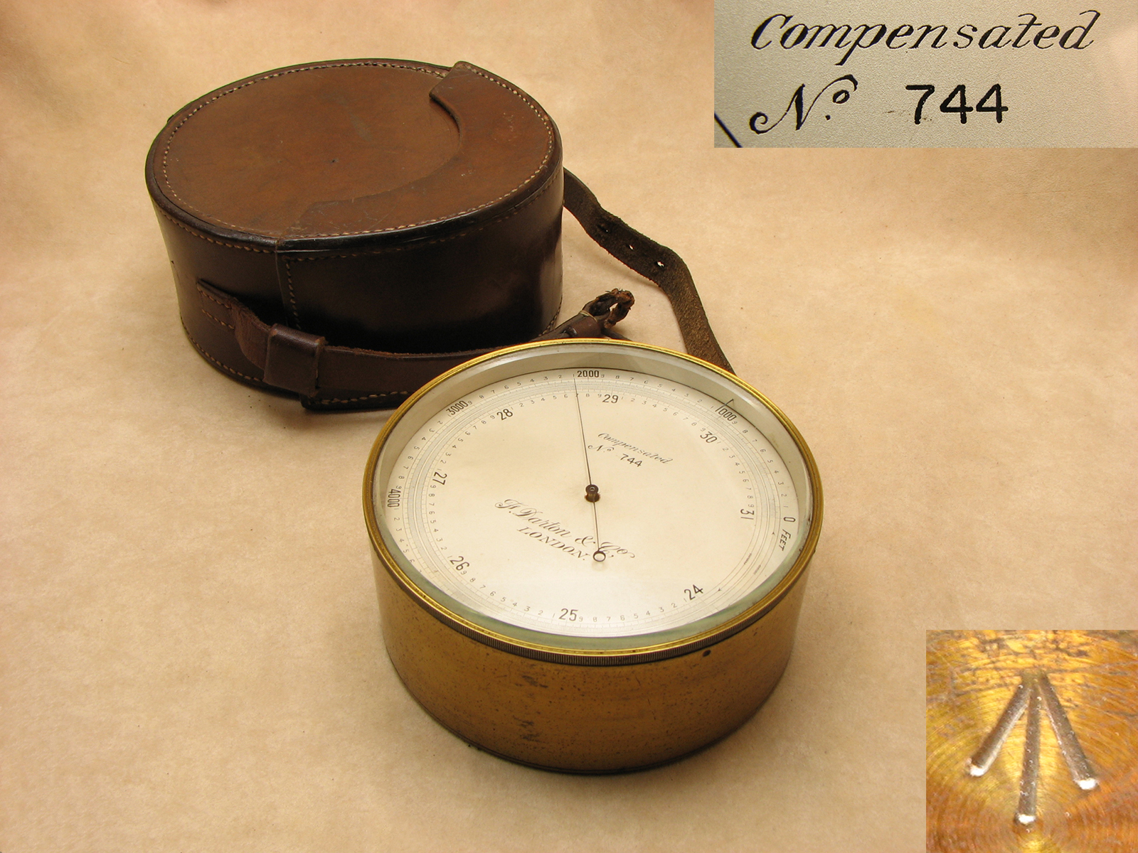 Late Victorian brass cased barometer
& altimeter signed 'F. Darton & Co, London' with leather case